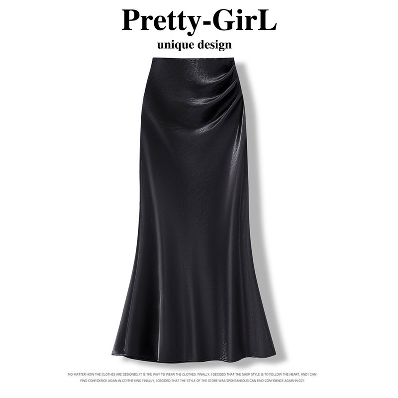 La Chapelle Black Acetate Satin Skirt for Women, Summer New Chinese Style Amber Flowing Satin Long Skirt, Fishtail Skirt