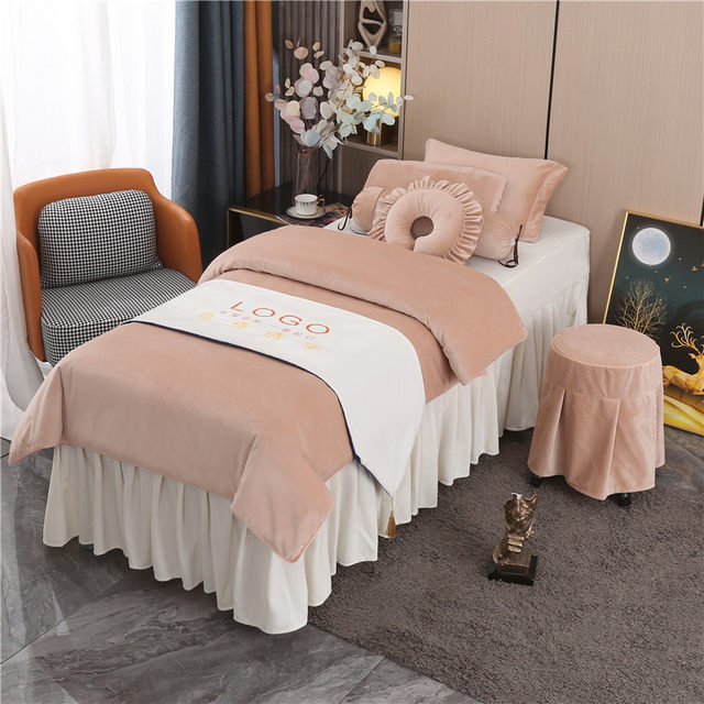 Ruobinlin Beauty Bed Cover ຊຸດສີ່ສ່ວນສີ Solid Color Matching Free Embroidery Logo Beauty Salon Bed Covering Simple Thickening Customized