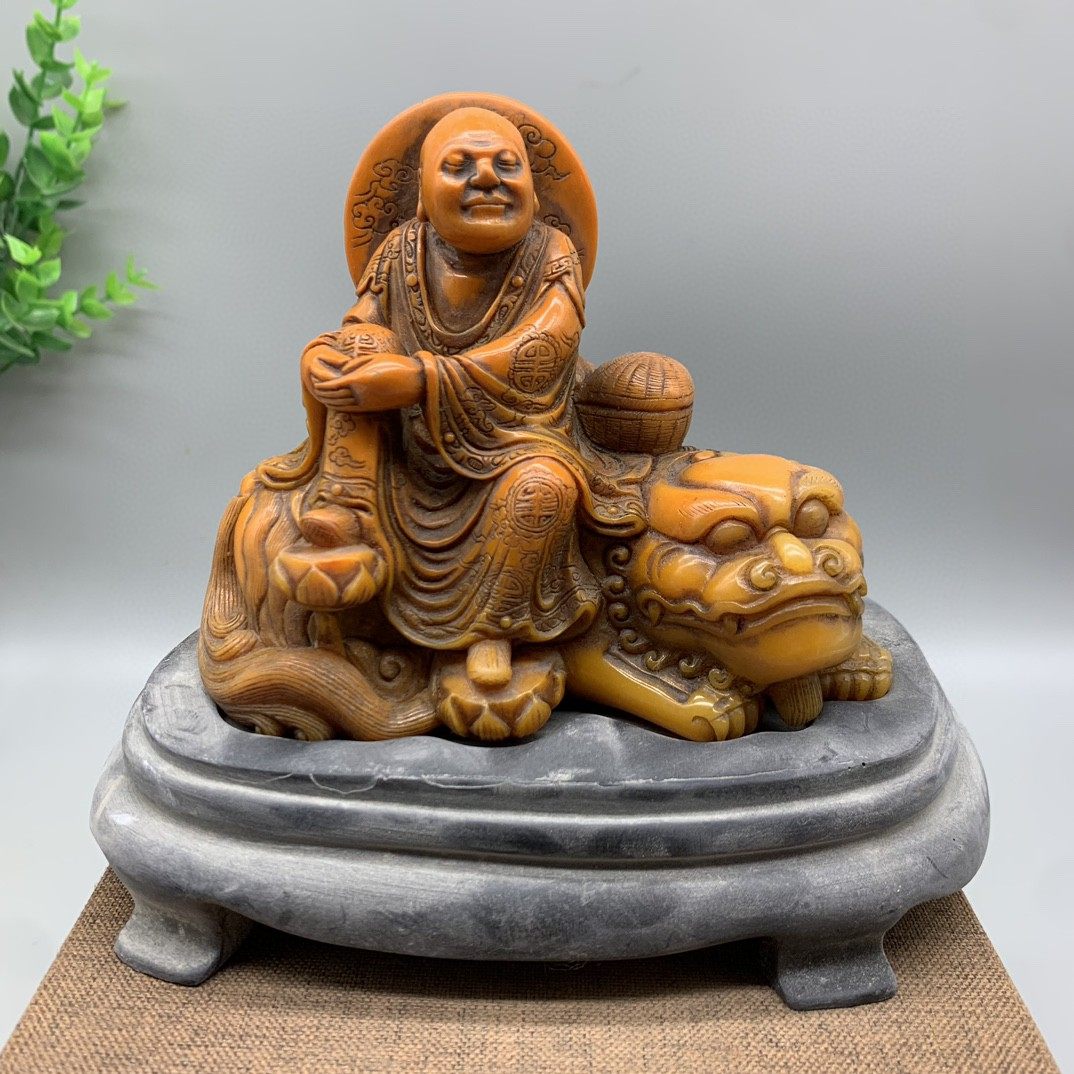 旧蔵希少天然田黄石彫刻形[寝山]人物印置物0