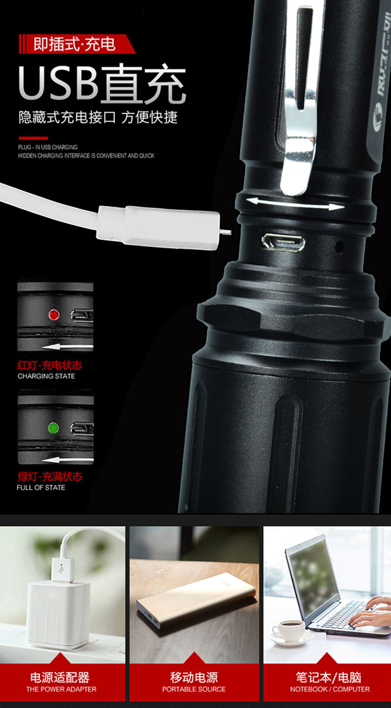 Đèn LED ngoài trời phổ biến L2 đèn pin chiếu sáng dài không thấm nước cưỡi trong nhà sạc USB đèn pin quân đội