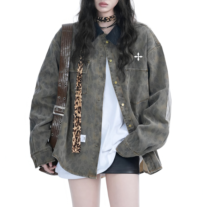 Vivienne Dawn Cross American Retro Leopard Print Long-Sleeved Shirt Women's Autum Design Loose Jacket