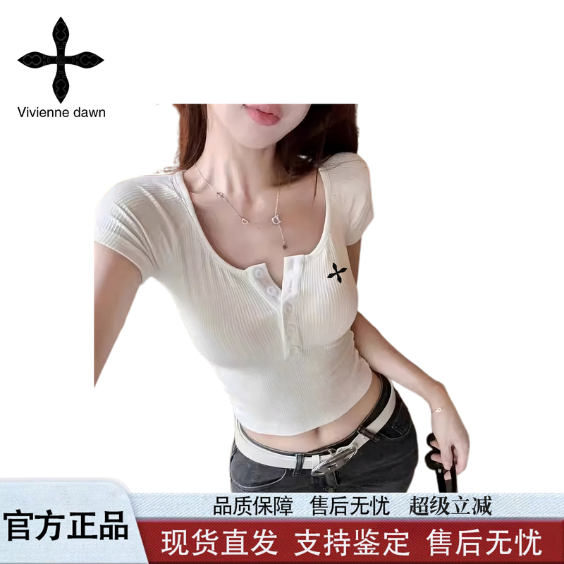 Vivienne Dawn Spicy Girl Style Miu Series U-Neck Short-Sleeved T-Shirt for Women, Slim Fit, High-Waisted, Short Button-Up Top Vivienne Dawn Spicy Girl Style Miu Series U-Neck Short-Sleeved T-Shirt for Women, Slim Fit, High-Waisted, Short Button-Up Top