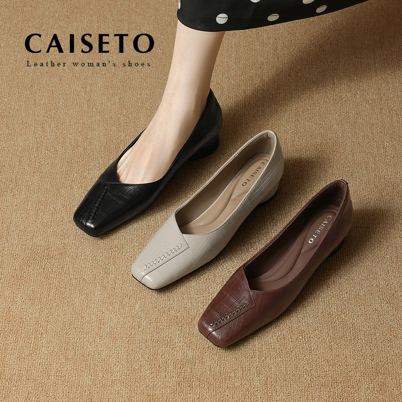 Caiseto 2026 Autumn New Vintage Versatile Square-Toe Shallow Patchwork Chunky Heel Genuine Leather Women's Shoes Plus Size Caiseto 2026 Autumn New Vintage Versatile Square-Toe Shallow Patchwork Chunky Heel Genuine Leather Women's Shoes Plus Size