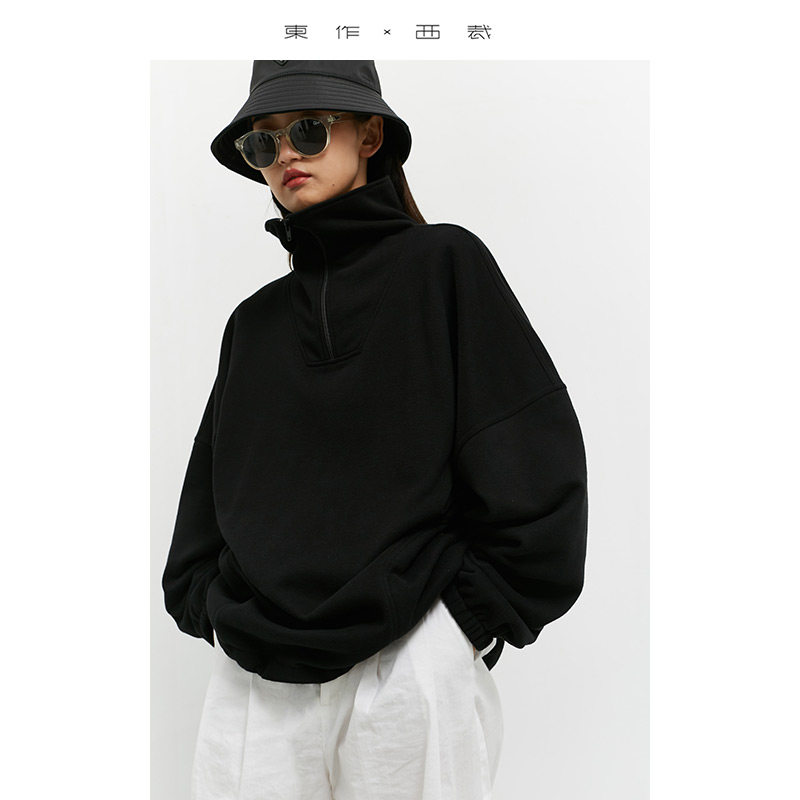 INS high collar plus velvet loose sweater women 2022 spring lazy style short design top - Taobao