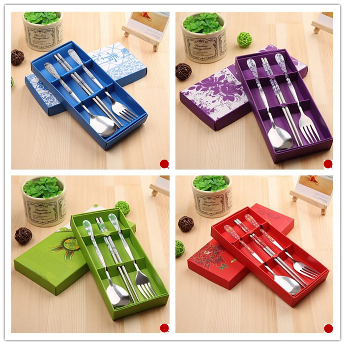 Activity Gift Stainless steel tableware fork spoon chopstick set Stainless steel green porcelain three - piece portable suit