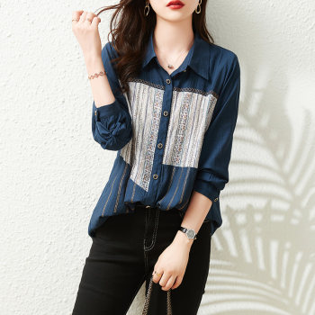 Plain wood European station large size new retro fold hot drill stitching printed shirt loose fat sister women's autumn clothes