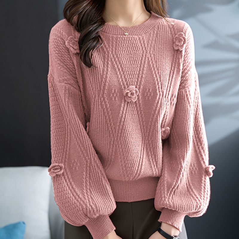 New Autumn and Winter Round Neck Pullover Floral Lantern Sleeve Knitwear for Women, Loose Slimming Sweater, Base Layer Top, Outerwear