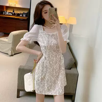 Summer short sleeve lace dress women 2021 New French light cooked waist strap thin temperament floral skirt