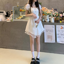 2022 New Summer First Love Square Collar Skirt Woman Design Sense Strap Short Sleeve Balloon Flower Dress Crumbled White Dress White Dress