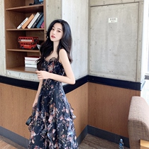Fan-style small crowdbreaking flower snowspun harnesses even dress women Summer new Balloon Skirts closets Slim Temperament Long Dress