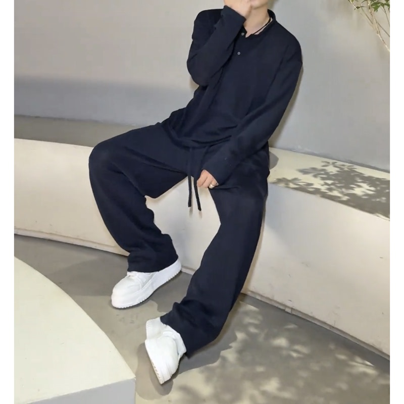 2026 Summer Semi-Cutout Breathable Henley Collar T-Shirt Casual Pants Fashion Sports Suit Men's Loose Two-Piece Set Thin
