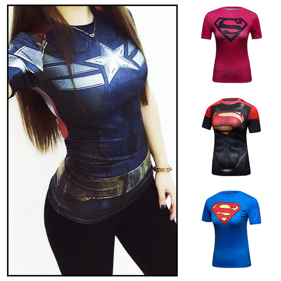 Captain America women's tights are breathable and fashionable quick-drying yoga short-sleeved Superman sports T-shirt running fitness clothes