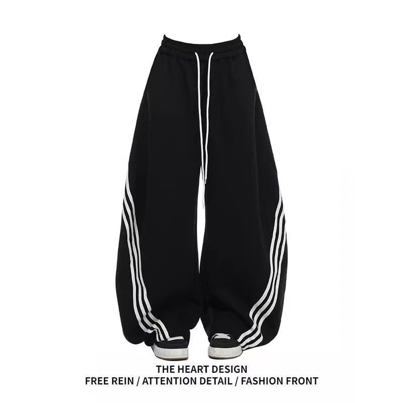 Spring, Autumn, and Summer Plus Size 150kg American Retro Three-Stripe Sports Sweatpants for Women, Loose Bf Wide-Leg Scimitar Pants
