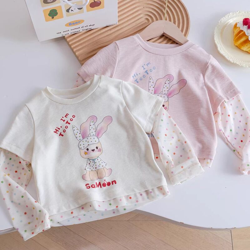 Girls' Cartoon Rabbit Long-Sleeved T-Shirt, New Spring and Autumn Style, Versatile Baby Fake Two-Piece Base Shirt, Cute Top Girls' Cartoon Rabbit Long-Sleeved T-Shirt, New Spring and Autumn Style, Versatile Baby Fake Two-Piece Base Shirt, Cute Top
