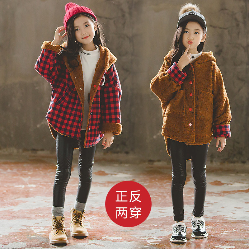Girl jacket plaid with double face wearing 2021 winter dress new children hairpin cotton thickened Korean version CUHK fairytale blouses