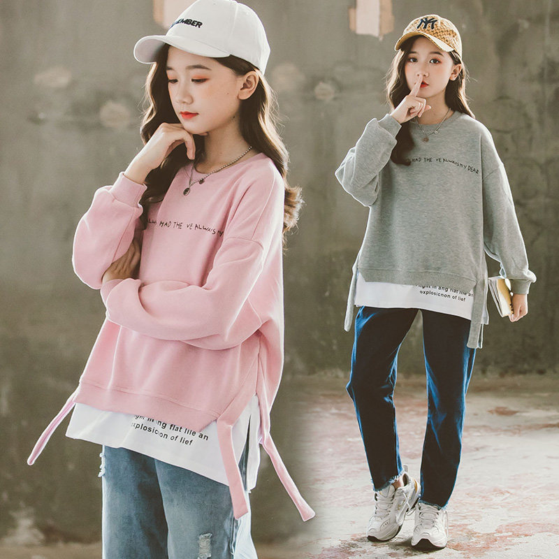 Girls ' casual thick cotton Korean version of the new medium and large children loose fashion fake two-piece top spring and autumn children's girls sweater