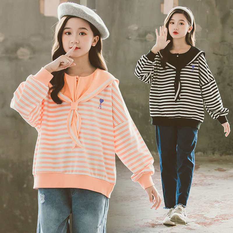 2022 Spring loaded new girl navy collar striped casual blouses Korean version CUHK Scout casual blouse for spring and autumn children