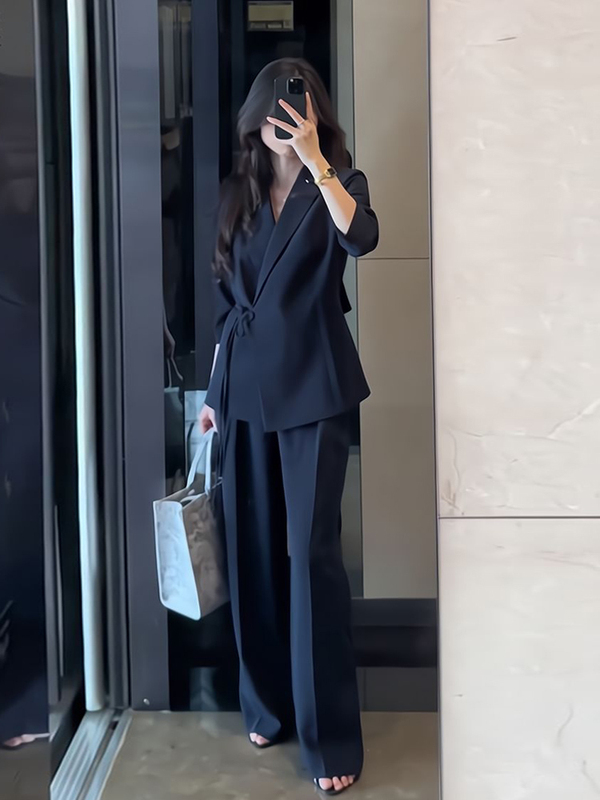 Thin Blazer for Women 2026 Spring and Summer New Korean Style Elegant High-End Tie Blazer Wide-Leg Pants Two-Piece Set Thin Blazer for Women 2026 Spring and Summer New Korean Style Elegant High-End Tie Blazer Wide-Leg Pants Two-Piece Set