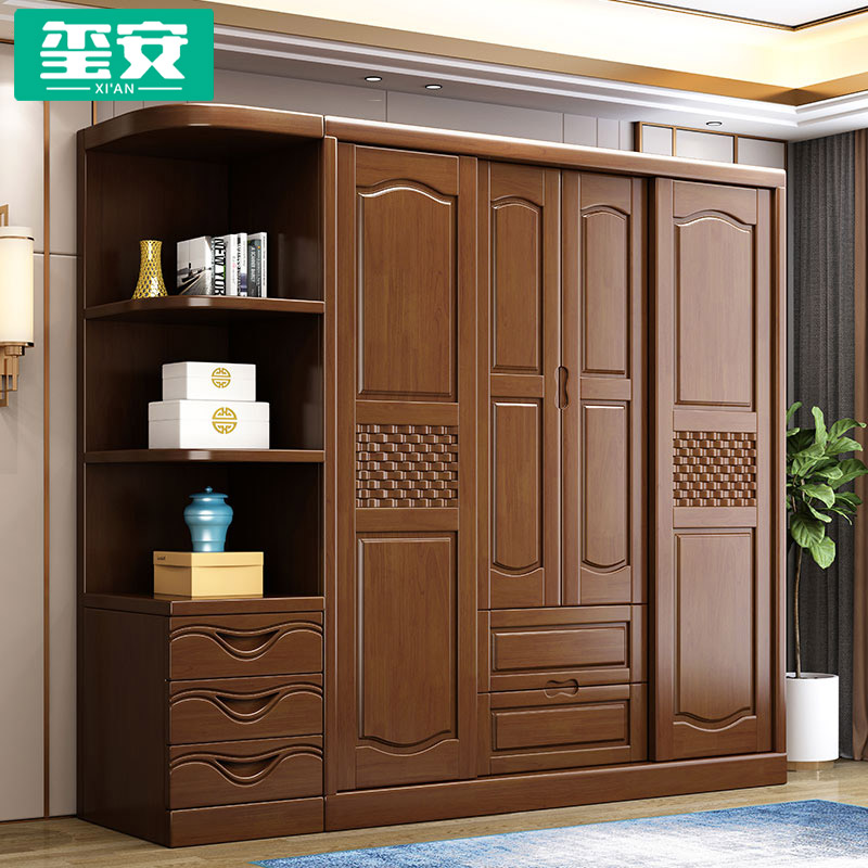 Solid wood wardrobe four door sliding door wardrobe with side cabinet modern Chinese furniture multifunctional simple wooden wardrobe