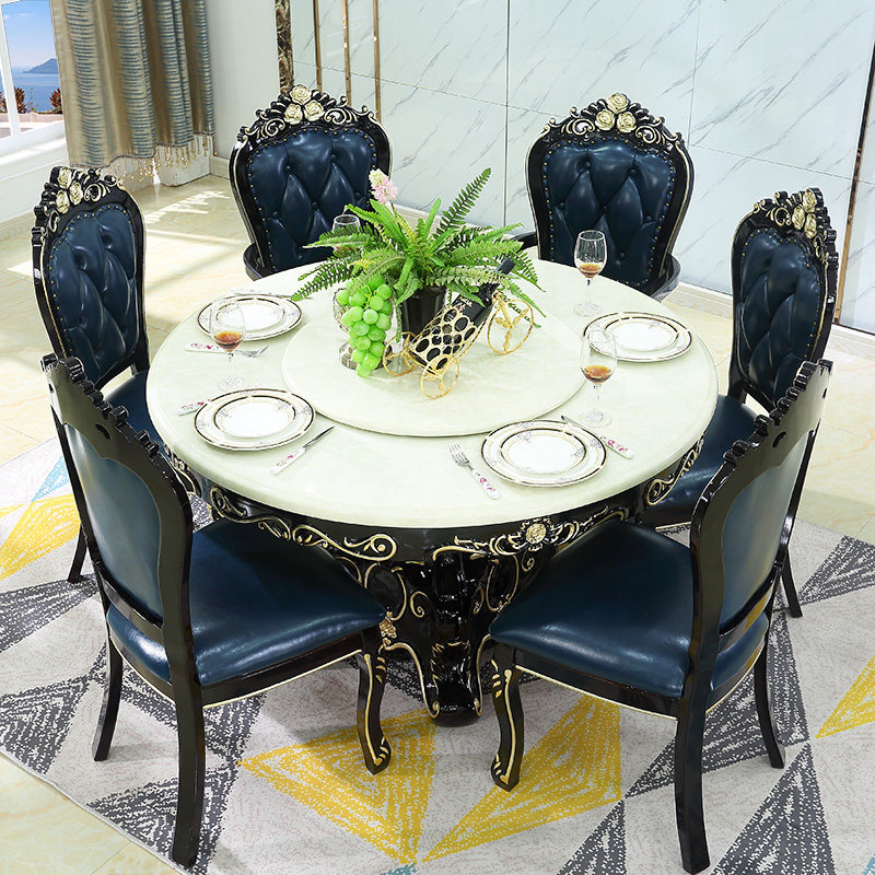 Eurostyle dining table and chairs combined marble 1 5 m solid wood New classical small family type round dining table with turntable home 6 chair
