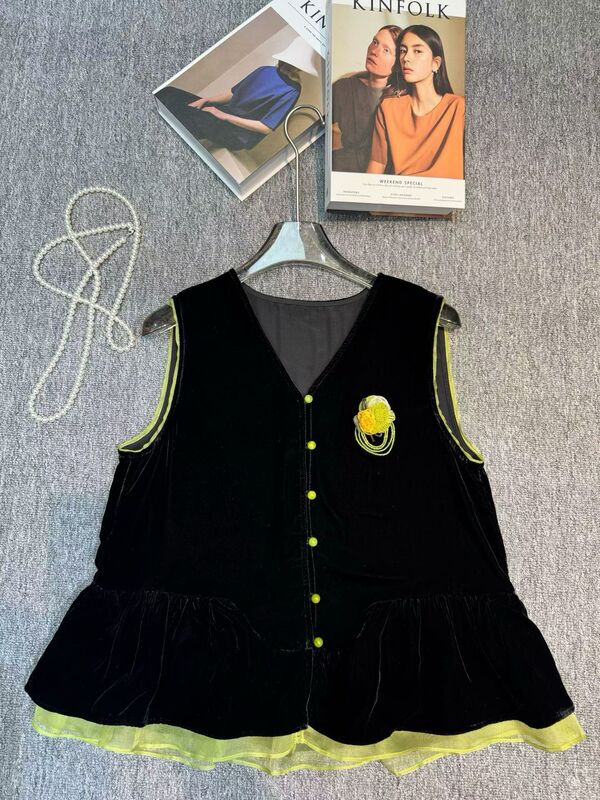 European Goods 26 Summer New Arrivals ~ Fashionable V-Neck Sleeveless Silk Velvet Spliced Mesh Vest Outerwear Top