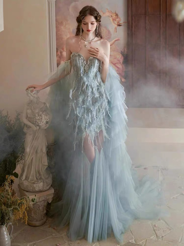 Princess Dress Adult Dress Fishtail New Blue Fishtail Wedding Dress Going Out Toast Dinner Feather Fashion Princess Dress Adult Dress Fishtail New Blue Fishtail Wedding Dress Going Out Toast Dinner Feather Fashion