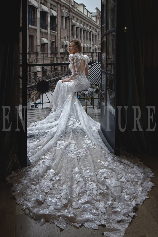 Mermaid Light Wedding Dress Bride 2026 New Style Main Dress High-Neck Long-Sleeve Elegant Lace Trailing Wedding Dress Formal Dress for Going Out Mermaid Light Wedding Dress Bride 2026 New Style Main Dress High-Neck Long-Sleeve Elegant Lace Trailing Wedding Dress Formal Dress for Going Out