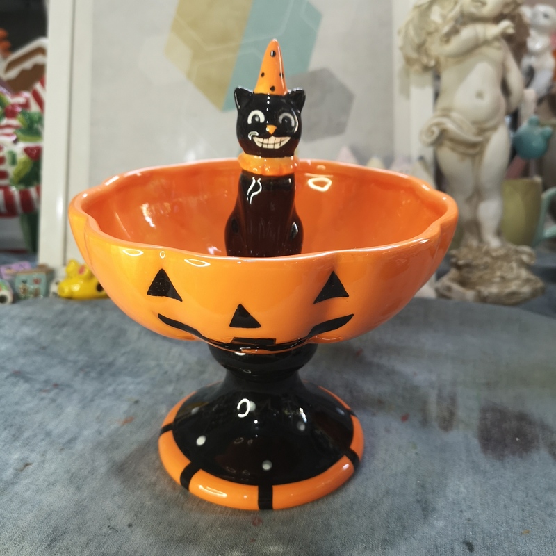 Ink Porcelain, Ceramic Crafts, Ceramic Halloween Pumpkin Kitten Fruit Plate, Fruit Plate
