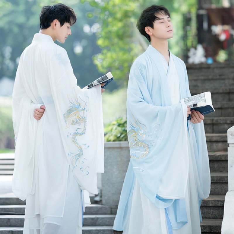 (imperial line) one thousand rhymes for original hanfu men's dragon tattoo rework embroidered large sleeve shirt with collar-waist and skirt-style dress