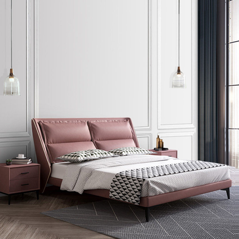 Italian minimalist light luxury leather bed Modern simple bed Net red leather bed Double 1 51 8 meters master bedroom wedding bed Large bed