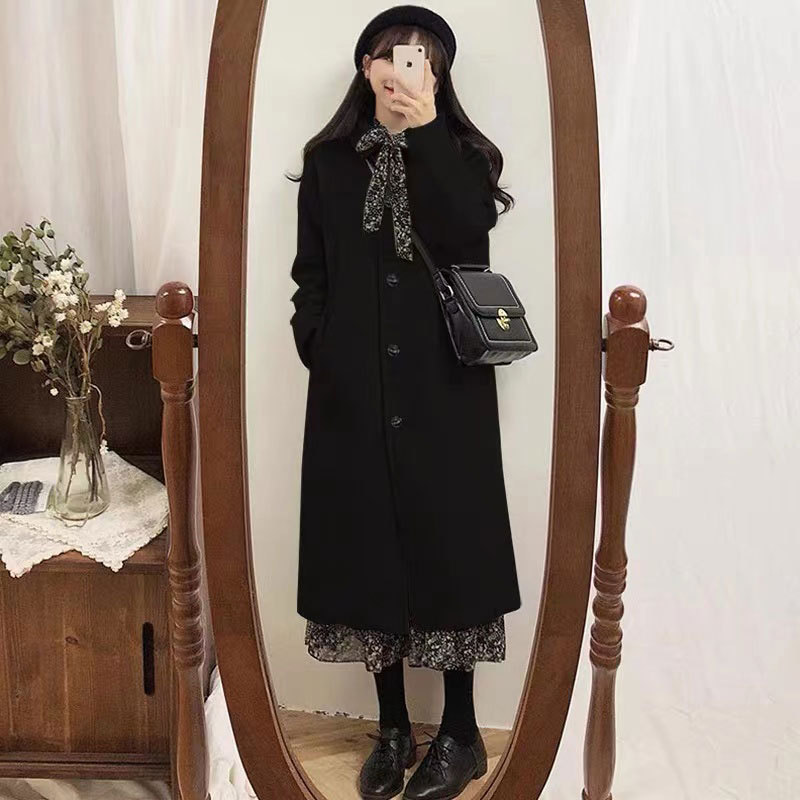 Hepburn Style Black Korean Version Petite Mid-Length Woolen Coat 2024 Autumn and Winter New Woolen Jacket Women's Clothing