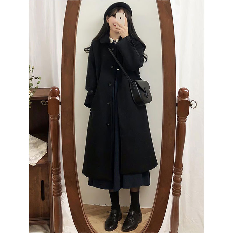Hepburn Style Black Woolen Women's Coat 2024 Autumn and Winter New Korean Version Mid-Length Woolen Coat ins Petite Size