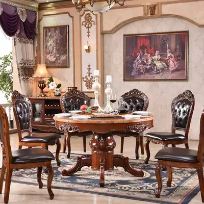 European-style marble dining table solid wood round table with turntable carved 6 people dining table small household dining table and chair combination