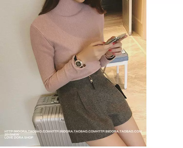 Quần short nữ mùa thu đông mặc quần bốt 2018 mùa xuân mới Hàn Quốc phiên bản quần lửng ống rộng cạp cao len rộng