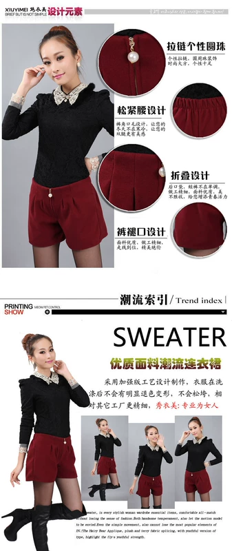 Người mẫu thu đông 2018 Hàn Quốc quần short len ​​cạp cao mặc váy rộng giản dị nóng bỏng quần ống rộng ống rộng