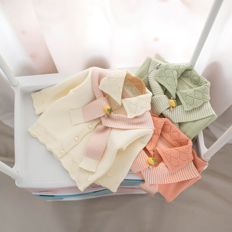 Small and medium girls spring and autumn new lapel sweater coat with scarf cardigan sweater single-breasted solid color top