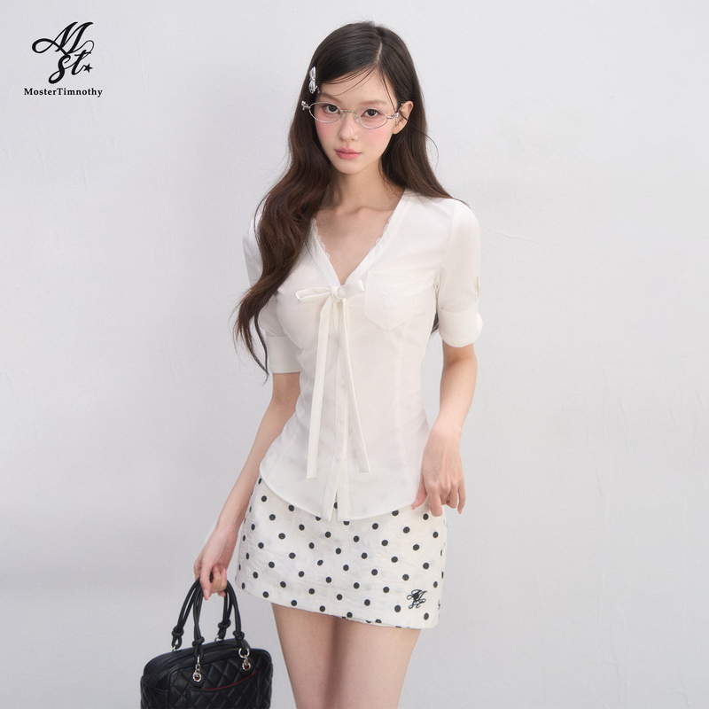 Moster Timnothy Korean Style Elegant V-Neck Short-Sleeved Shirt for Women, Slim Fit, Bow Tie, Gentle Style Top