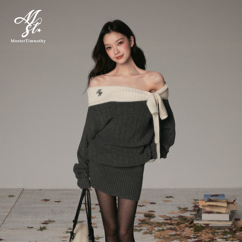 Moster Timnothy Original One-Shoulder Bow Thick Dress with a Sense of Atmosphere, Knitted Long-Sleeve Sweater