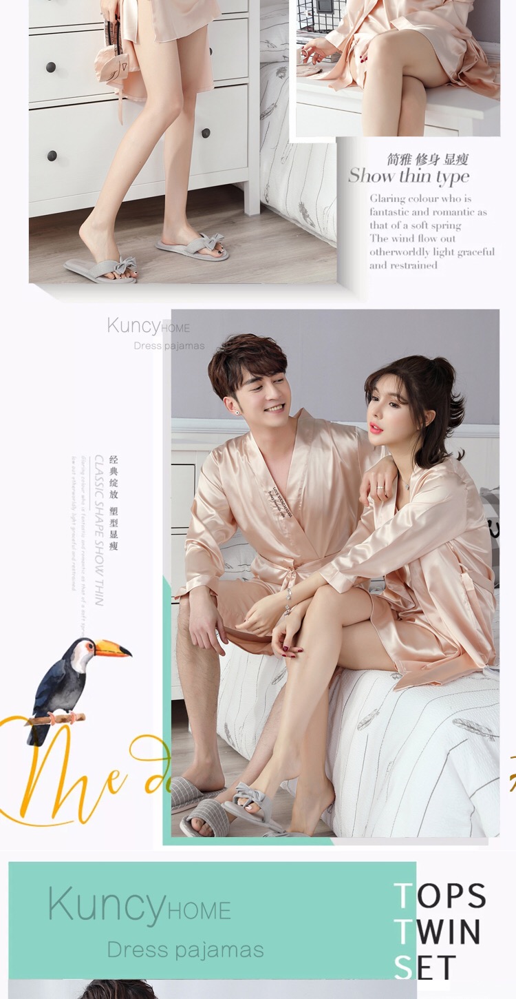 Mùa xuân và mùa thu Cặp vợ chồng Hàn Quốc bộ đồ ngủ nữ dây đeo mùa hè nam lụa đêm áo choàng hai mảnh phù hợp với dịch vụ nhà mỏng váy mặc nhà dễ thương