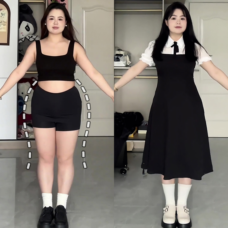 College Style Fake Two-Piece Dress for Women, Summer Plus Size Doll Collar Black Dress, Slightly Chubby mm High-Waisted Slimming Long Dress College Style Fake Two-Piece Dress for Women, Summer Plus Size Doll Collar Black Dress, Slightly Chubby mm High-Waisted Slimming Long Dress