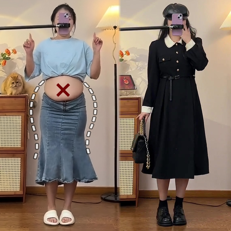 Chanel-Style Pear-Shaped Body Dress for Autumn and Winter, Plus-Size Dress for Fat Women to Cover Belly and Hide Flab, Black High-Waisted A-Line Dress