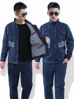 Cổ áo đứng quần yếm denim phù hợp với nam bông thiết bị hàn nhiều túi nhà máy mặc chống hàn mặc quần áo bảo hộ set đồ nam đẹp