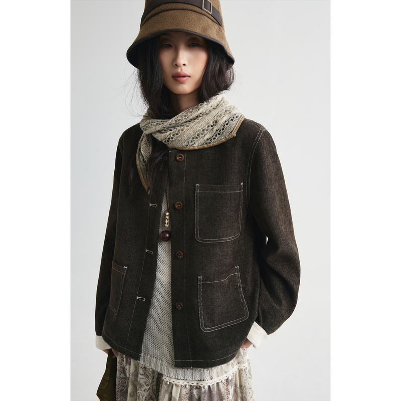 【Malibon】Caremind Round-Neck Topstitched Workwear Short Jacket for Women, Dark Brown with Contrasting Cuffs Jacket Top 【Malibon】Caremind Round-Neck Topstitched Workwear Short Jacket for Women, Dark Brown with Contrasting Cuffs Jacket Top