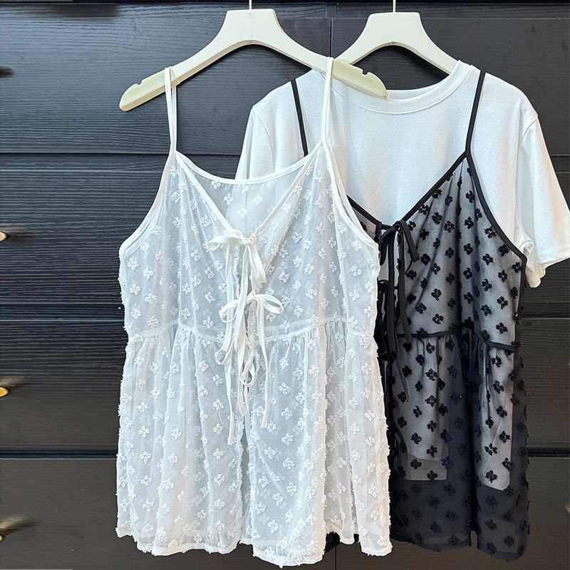 Plus-Size Women's Summer Clothing, Stylish and Slimming, Layered Blouse, Jacquard Outerwear, Chiffon Sheer Vest, Cardigan with Tie-Up Straps