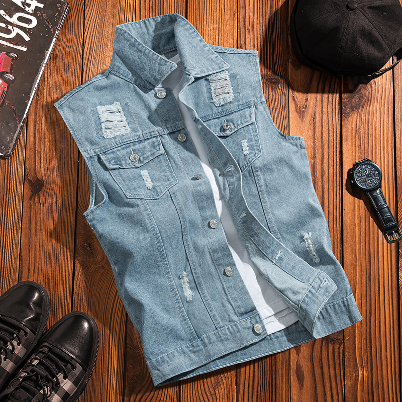 Hong Kong Style Retro Vest, Men's Korean Style Casual Cool Student Versatile Sleeveless Ripped Denim Jacket