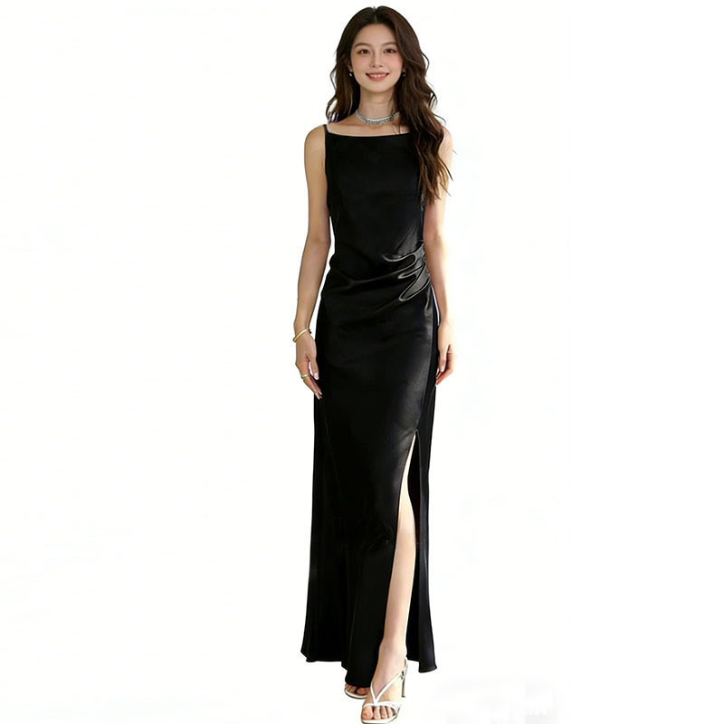 Imported Acetate Satin Off-The-Shoulder Spring/Summer High-End Women's Pleated Waist-Cinching Slit Bodycon Long Dress