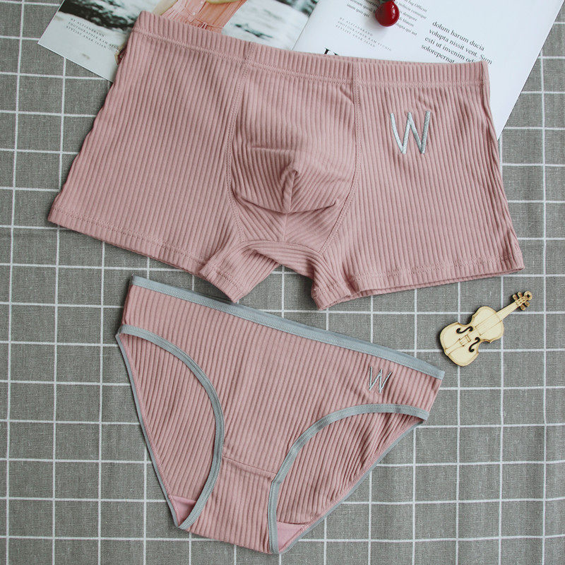 Couple underwear pure cotton underwear suit pure color embroidered striped men flat female triangle personality adult