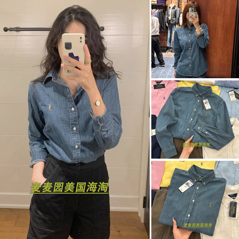 Ralph Lauren American Version Boys' Vintage Denim Shirt with Turn-Down Collar, Long-Sleeve Polo for Women Ralph Lauren American Version Boys' Vintage Denim Shirt with Turn-Down Collar, Long-Sleeve Polo for Women