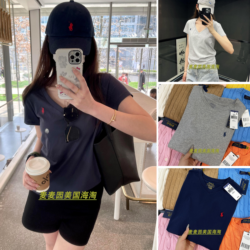 Ralph Lauren American Version Large Children's V-Neck Short-Sleeve Solid Color Cotton Loose Fit Polo Shirt for Girls