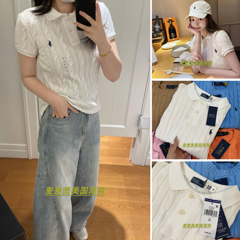 Ralph Lauren American Version Lapel Twist-Knit Sweater Cotton Short-Sleeve Polo with Horse Logo for Women Ralph Lauren American Version Lapel Twist-Knit Sweater Cotton Short-Sleeve Polo with Horse Logo for Women